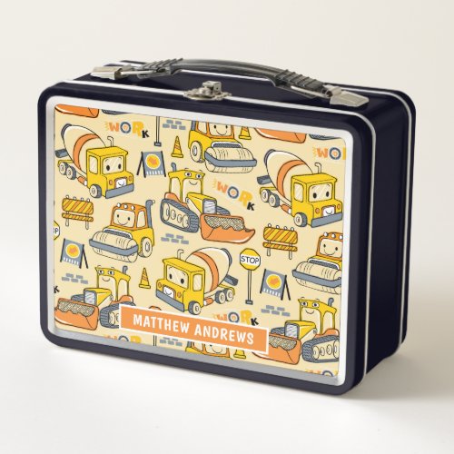 Cute Kids Construction Vehicles Personalized Name Metal Lunch Box