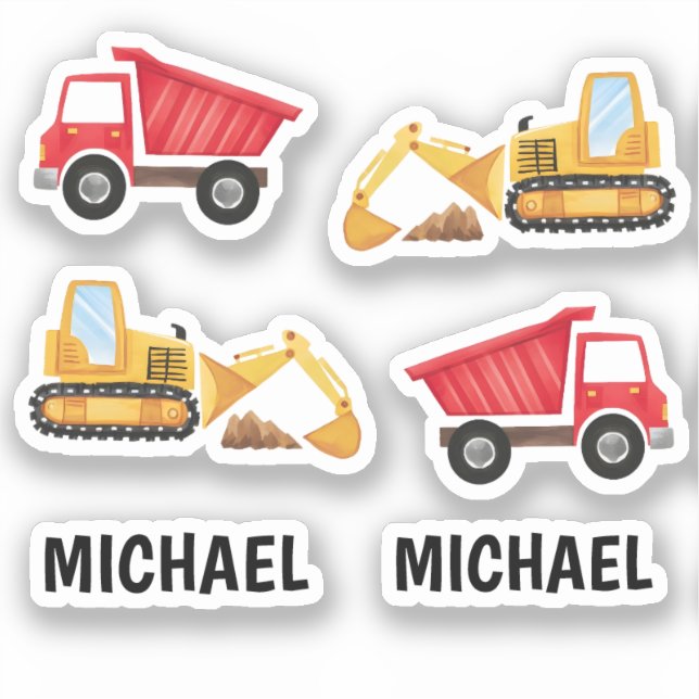 Cute Kids Construction Vehicles Personalized Name  Sticker (Front)