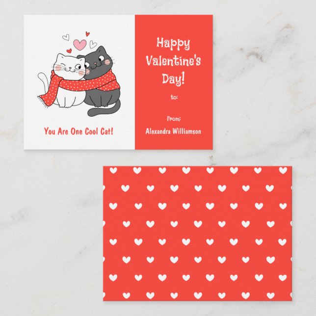 Cute Kids Cool Cat Valentines Day Red Note Card (Front/Back)