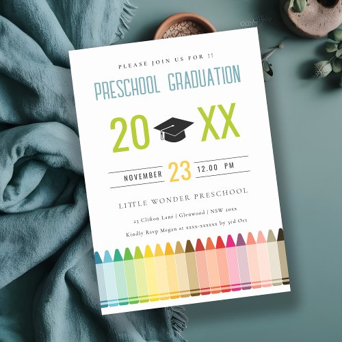 Cute Kids Crayon Fun Rainbow Preschool Graduation Invitation