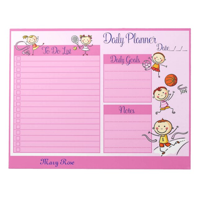 Cute Kids Daily Planner Pink To Do List Notepad (Front)