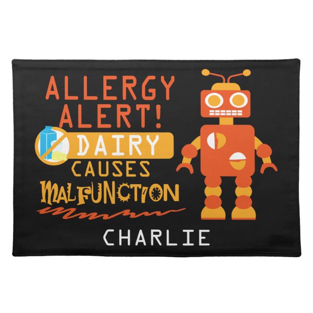 Cute Kids Dairy Allergy Alert Robot Personalized Cloth Placemat (Front)