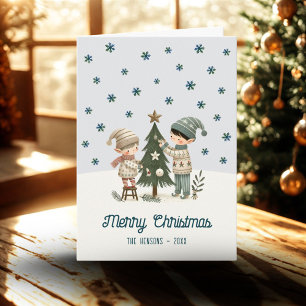 Cute Kids Decorating Chistmas Tree Drawing Holiday Card