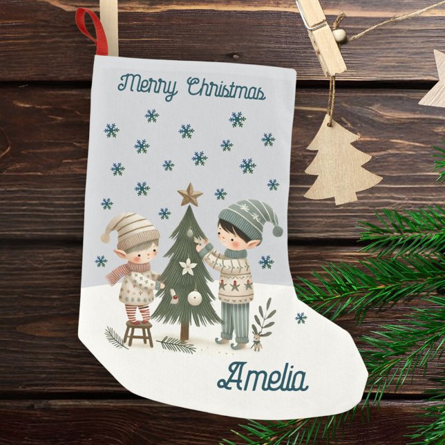 Cute Kids Decorating Chistmas Tree Drawing Name Small Christmas Stocking (Creator Uploaded)