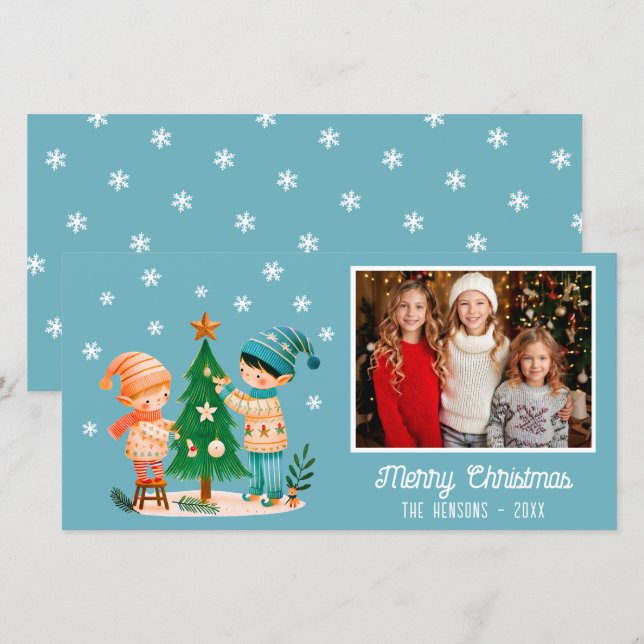 Cute Kids Decorating Chistmas Tree Photo Holiday Card (Front/Back)