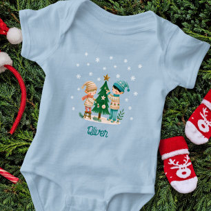 Cute Kids Decorating Christmas Tree Drawing  Baby Bodysuit