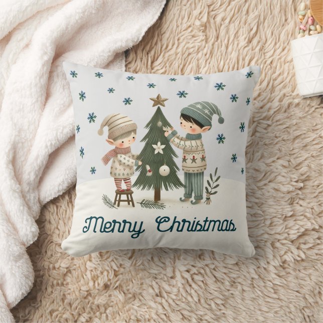 Cute Kids Decorating Christmas Tree Drawing  Throw Pillow (Blanket)
