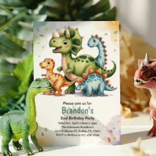 Cute Kids Dinosaur 2nd Birthday Party Invitation