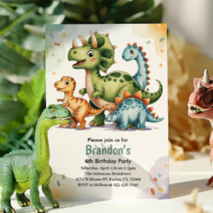 Cute Kids Dinosaur 4th Birthday Party Invitation