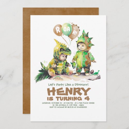 Cute Kids Dinosaur Birthday Green  Brown Invitation