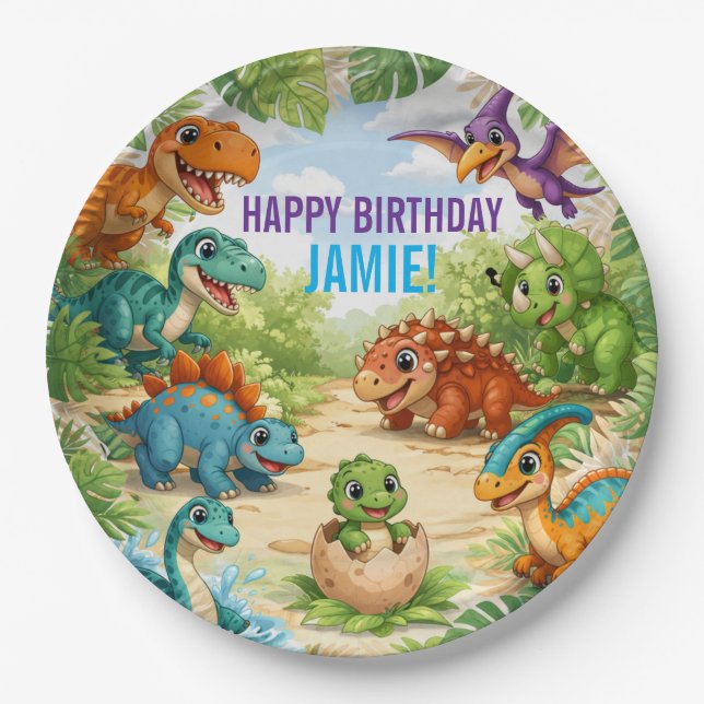 Cute Kids Dinosaur Birthday Paper Plates (Front)