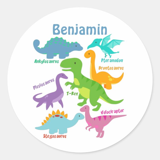Cute Kids Dinosaur Classic Round Sticker (Front)