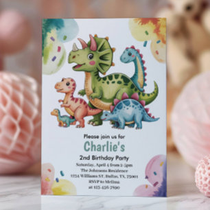 Cute Kids Dinosaur Theme 2nd Birthday Party Invitation