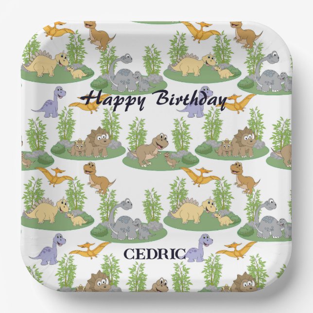 Cute Kids' Dinosaur Tree Pattern Name Birthday Paper Plates (Front)