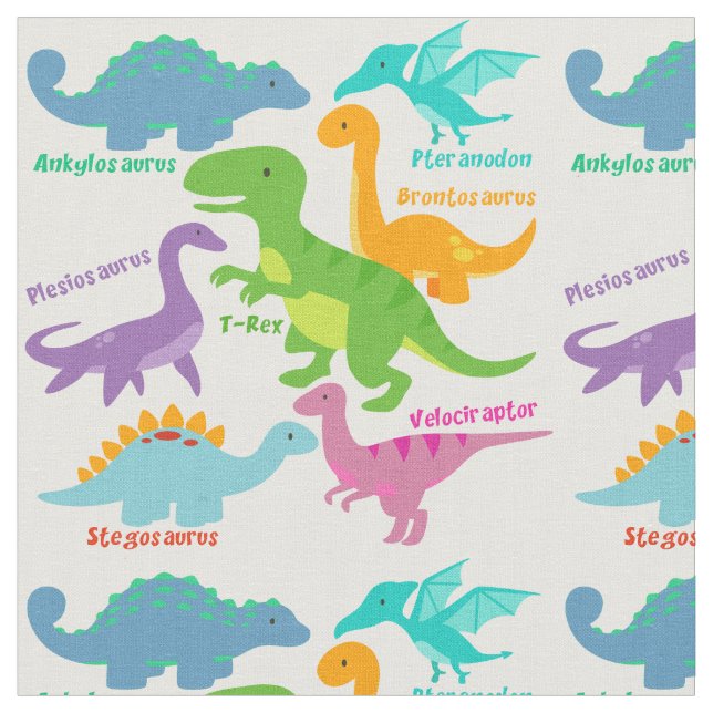 Cute Kids Dinosaurs And Names Fabric (Close Up)