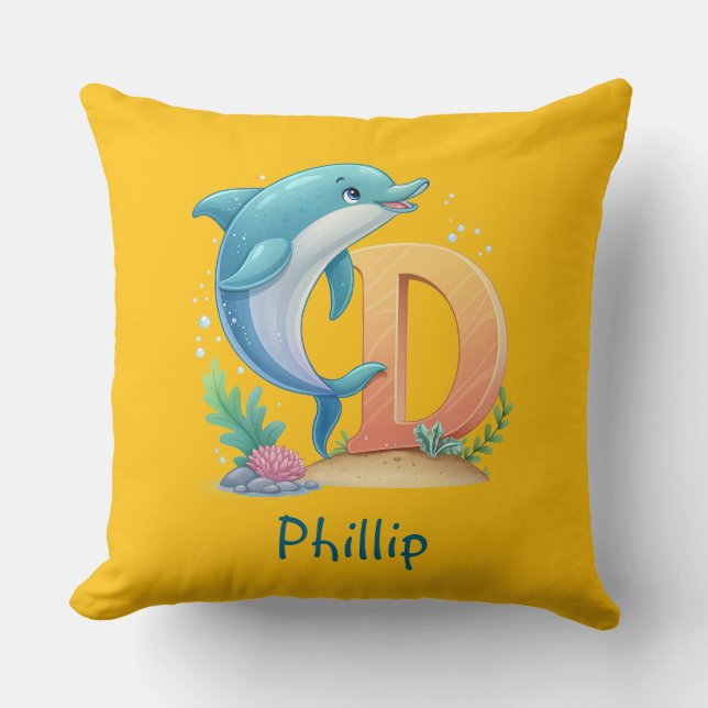 Cute Kids Dolphin With Name Throw Pillow (Front)