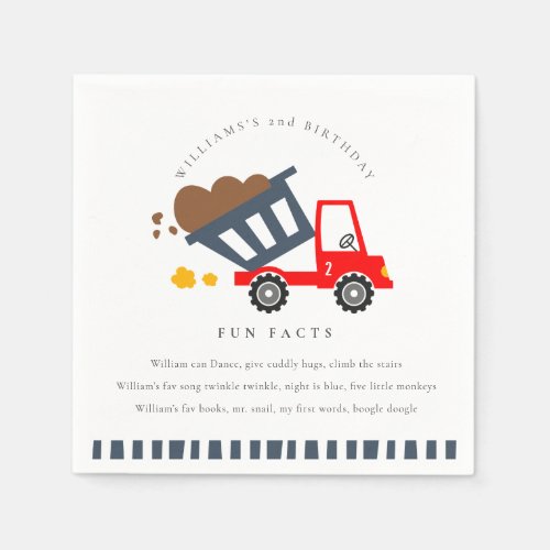 Cute Kids Dump Truck Any Age Birthday Fun Facts Napkins