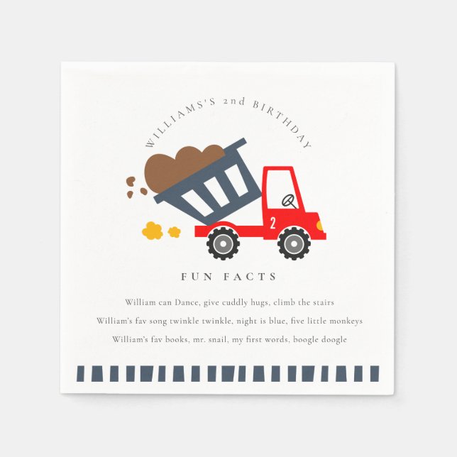 Cute Kids Dump Truck Any Age Birthday Fun Facts Napkins (Front)