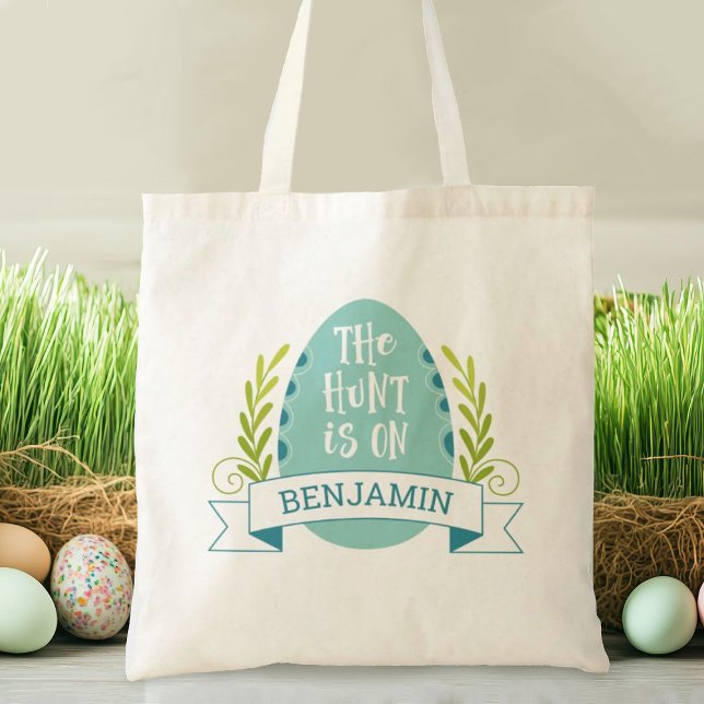 Cute Kids Easter Egg Hunt Tote Bag (A cute blue Easter Egg hunt tote bag. Personlize it with your name.)