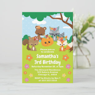 Cute Kids Fall Woodland Animals Birthday Invitation