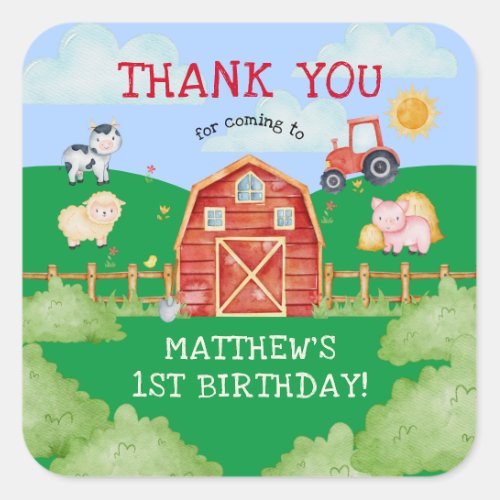 Cute Kids FarmBarn Yard Birthday Thank You Square Sticker