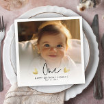 Cute Kid's First Birthday Party Custom Photo Napkins<br><div class="desc">Make your child's first birthday extra special with our cute custom photo cocktail napkins! Featuring the word 'ONE' and adorable hand-drawn gold hearts. Perfect for celebrating milestones! Fully Customizable to any birthday year,  date and name.</div>