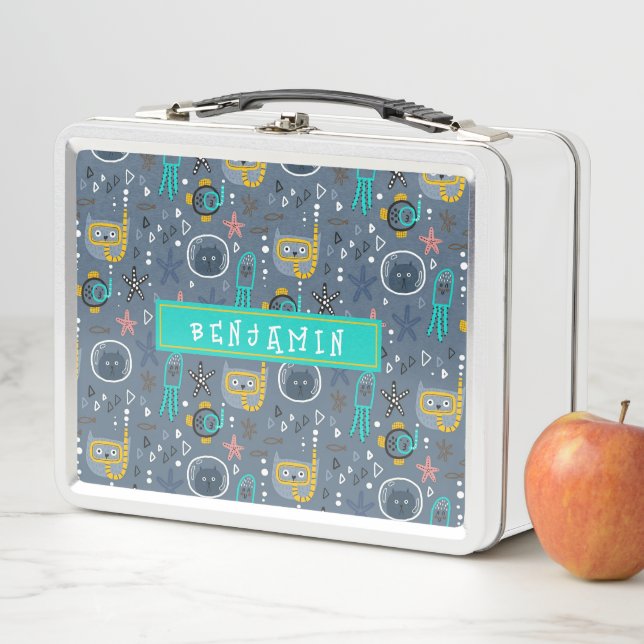 Cute Kids Fish Cats Starfish Jellyfish Undersea Metal Lunch Box (In Situ)