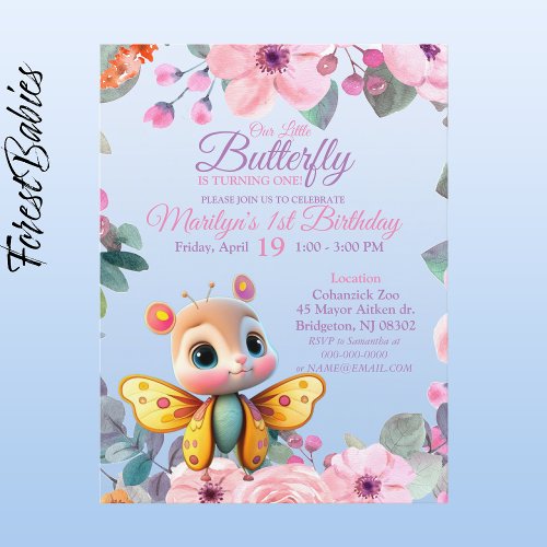 Cute Kids Floral Butterfly baby girl 1st Birthday Postcard