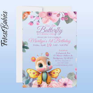 Cute Kids Floral Butterfly for baby girl Birthday Invitation