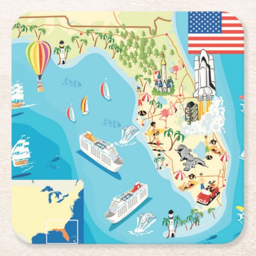 Cute Kids Florida Map Square Paper Coaster