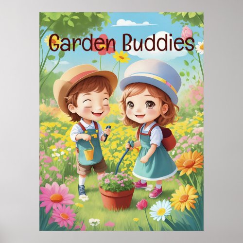 Cute Kids Gardening Fun   Enjoyment AI Generative Poster