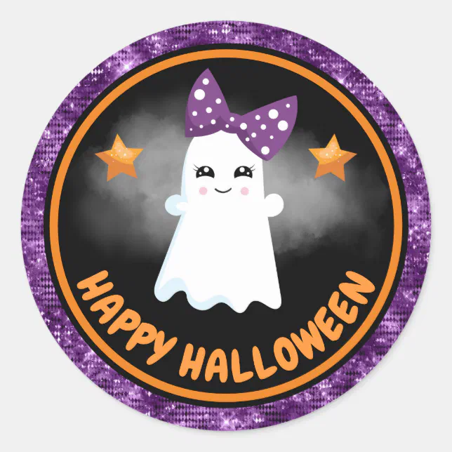 Cute Kids Girl Ghost & Purple Glitter Halloween Classic Round Sticker ...