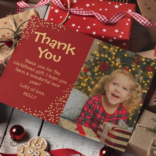 Cute Kids Gold Glitter Photo Christmas Thank You Card