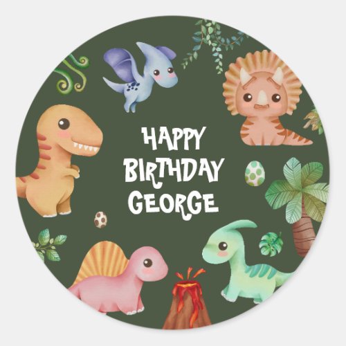 Cute Kids Green Dino Birthday Party Classic Round Sticker