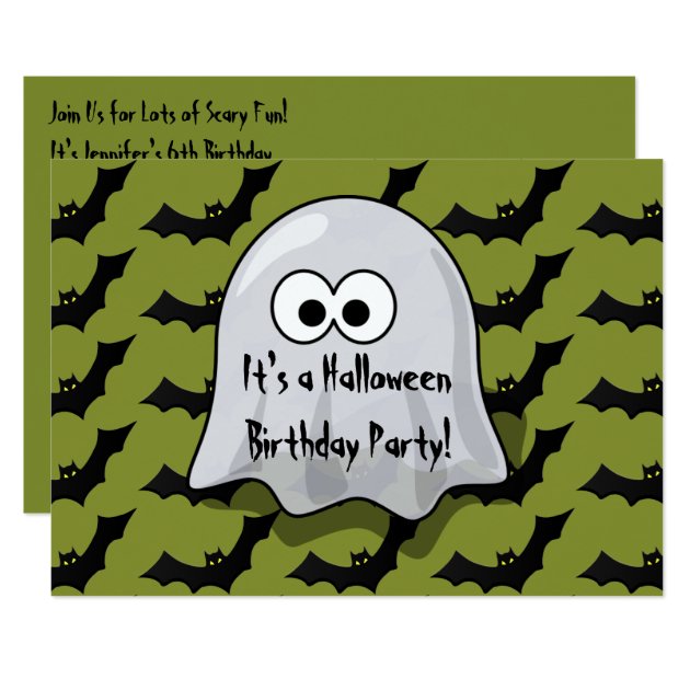 Cute Kids Halloween Birthday Party Ghost And Bats Invitation
