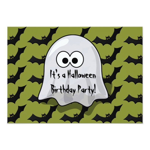 Cute Kids Halloween Birthday Party Ghost And Bats Invitation