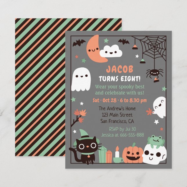 Cute Kids Halloween Birthday Party Gray Invitation (Front/Back)