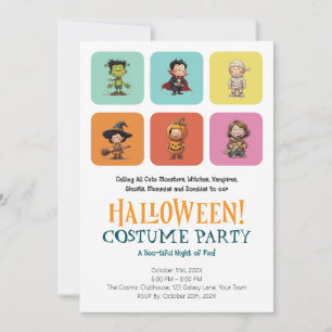 Cute Kids Halloween Costume Party   Modern Block Invitation
