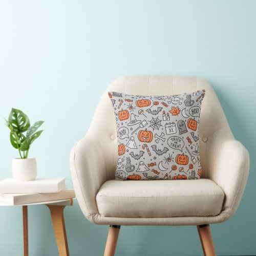 Cute Kids Halloween Doodle Pattern Throw Pillow