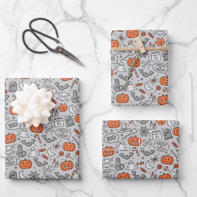 Cute Kids Halloween Doodle Pattern Wrapping Paper Sheets (Front)