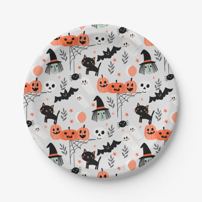 cute kids halloween paper plates grey (Front)