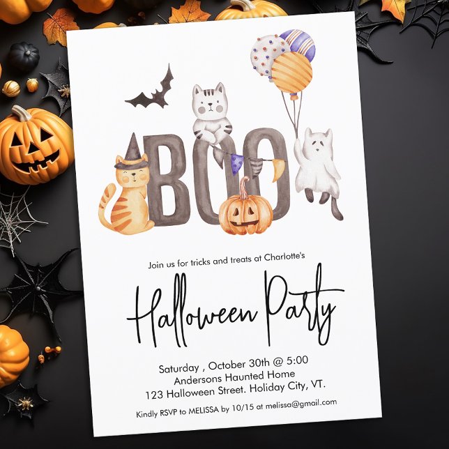 Cute Kid's Halloween Party Cats Ghosts Pumpkin Boo Invitation (Creator Uploaded)