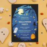 Cute Kids Halloween Party Invitations<br><div class="desc">Cute hand-drawn halloween party invitations featuring bats,  a spiderweb,  candy corn,  a ghost,  black cat and a jack-o-lantern against a night-time halloween scene with spooky branches and a full moon. Perfect for kids Halloween party invitations.</div>