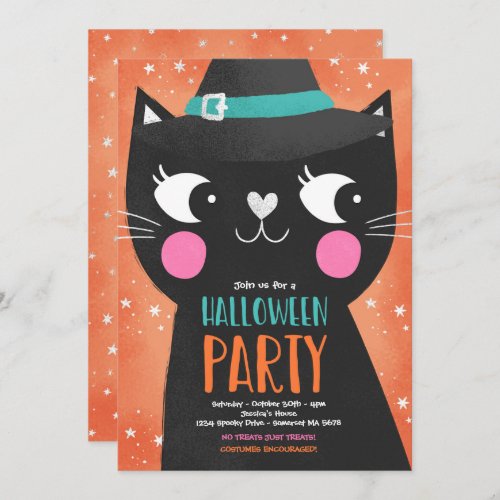 Cute Kids Halloween Party Witches Cat Spooky Invitation