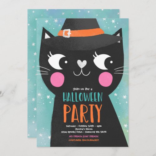 Cute Kids Halloween Party Witches Cat Spooky Invitation