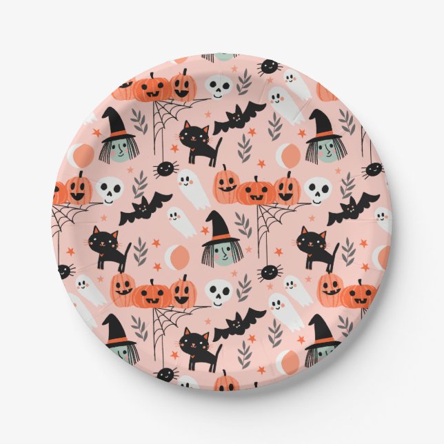 Cute Kids Halloween pattern pink Paper Plates (Front)