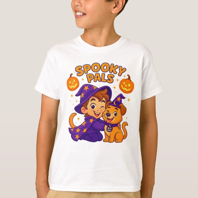 Cute Kids Halloween T-Shirt | Wizard Boy & Dog  (Front)