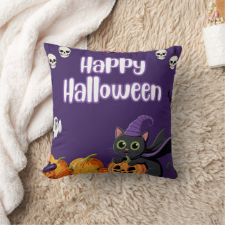 Cute Kids Happy Halloween Black Cat Throw Pillow
