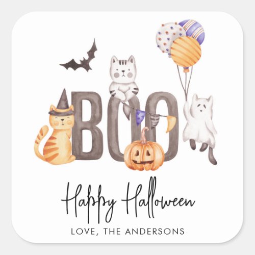 Cute Kids Happy Halloween Cats Ghosts Pumpkin Boo Square Sticker