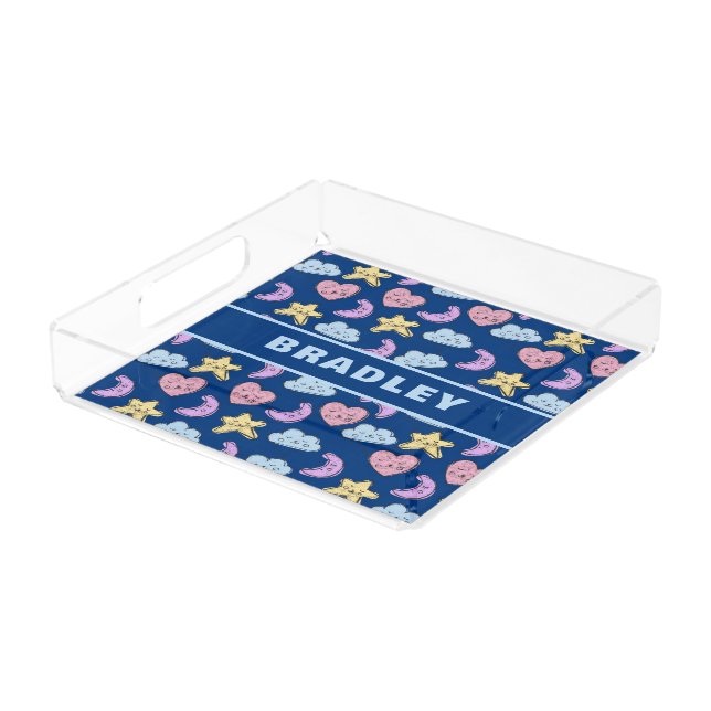 Cute Kids Heart Star Moon Blue Baby Bath Acrylic Tray (Angled)